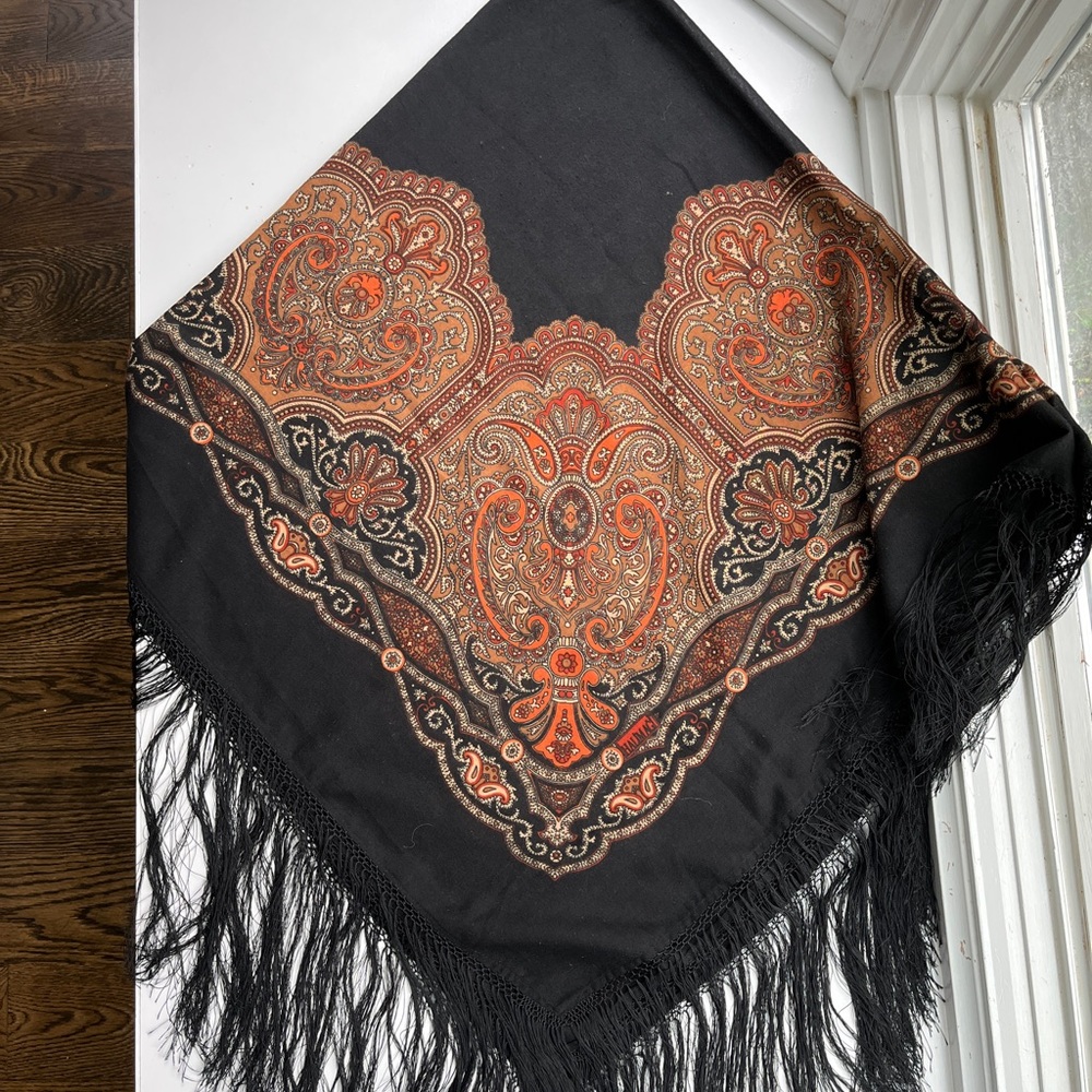 Beautiful black cotton shawl with brown, rust, beige arabesque pattern